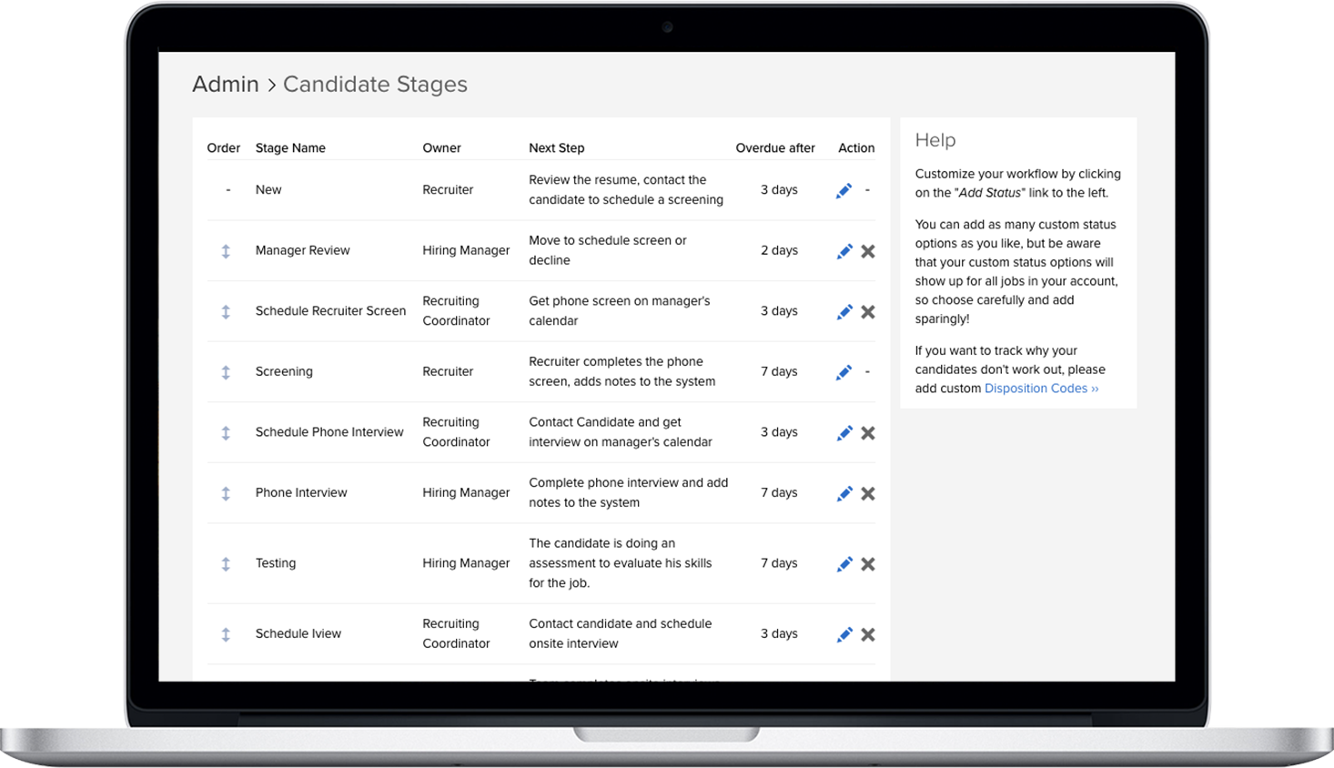 Customizeable candidate stages on recruitment dashboard.