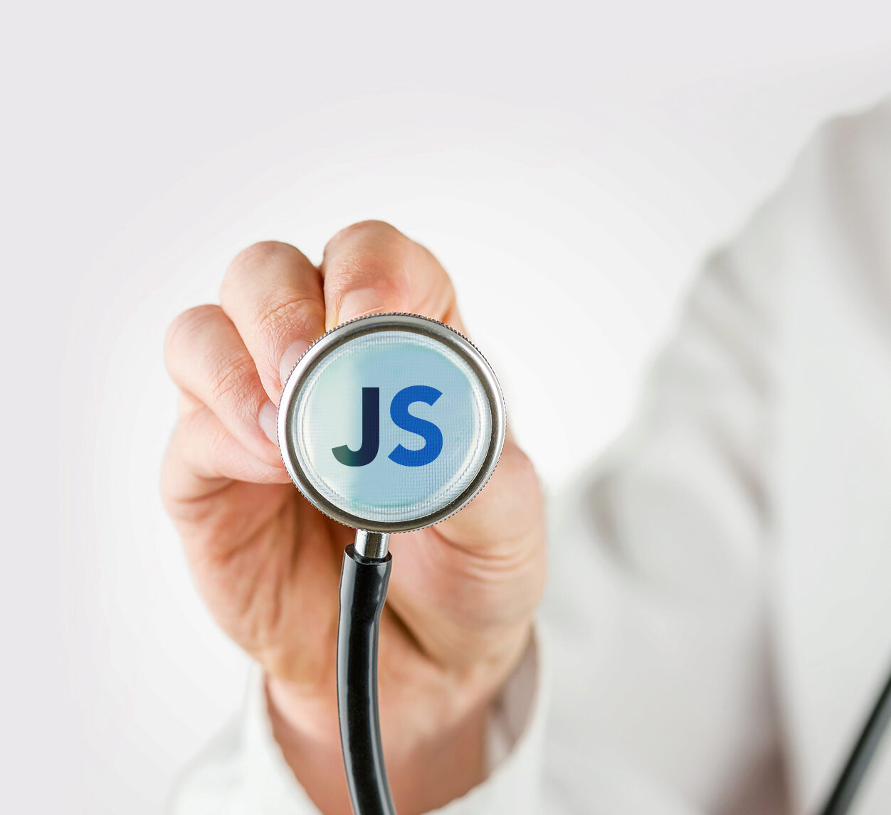 A doctor holding a stethoscope with the JobScore logo intials on it.