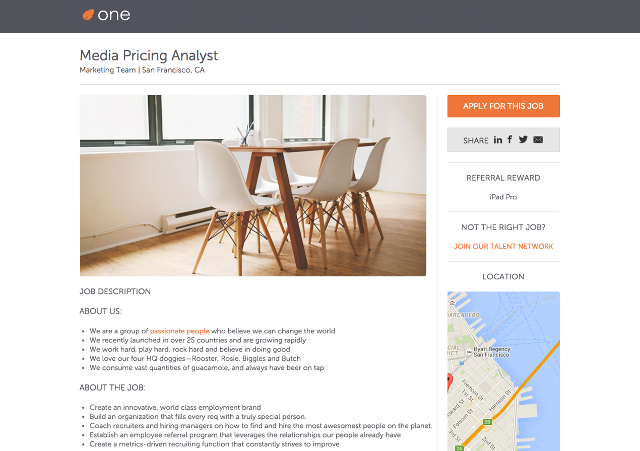 A minimalistic media pricing analyst career page example, with modern employer branding. 