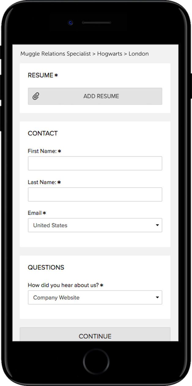 Example of a short job application form on a mobile device.
