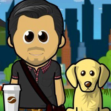 Cartoon bitmoji of a man with dark hair, a black cross shoulder bag, next to a dog and a cup of coffee in a black shirt with a red plaid collar. 