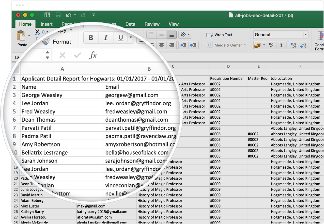 An excel spreadsheet exported from JobScore.