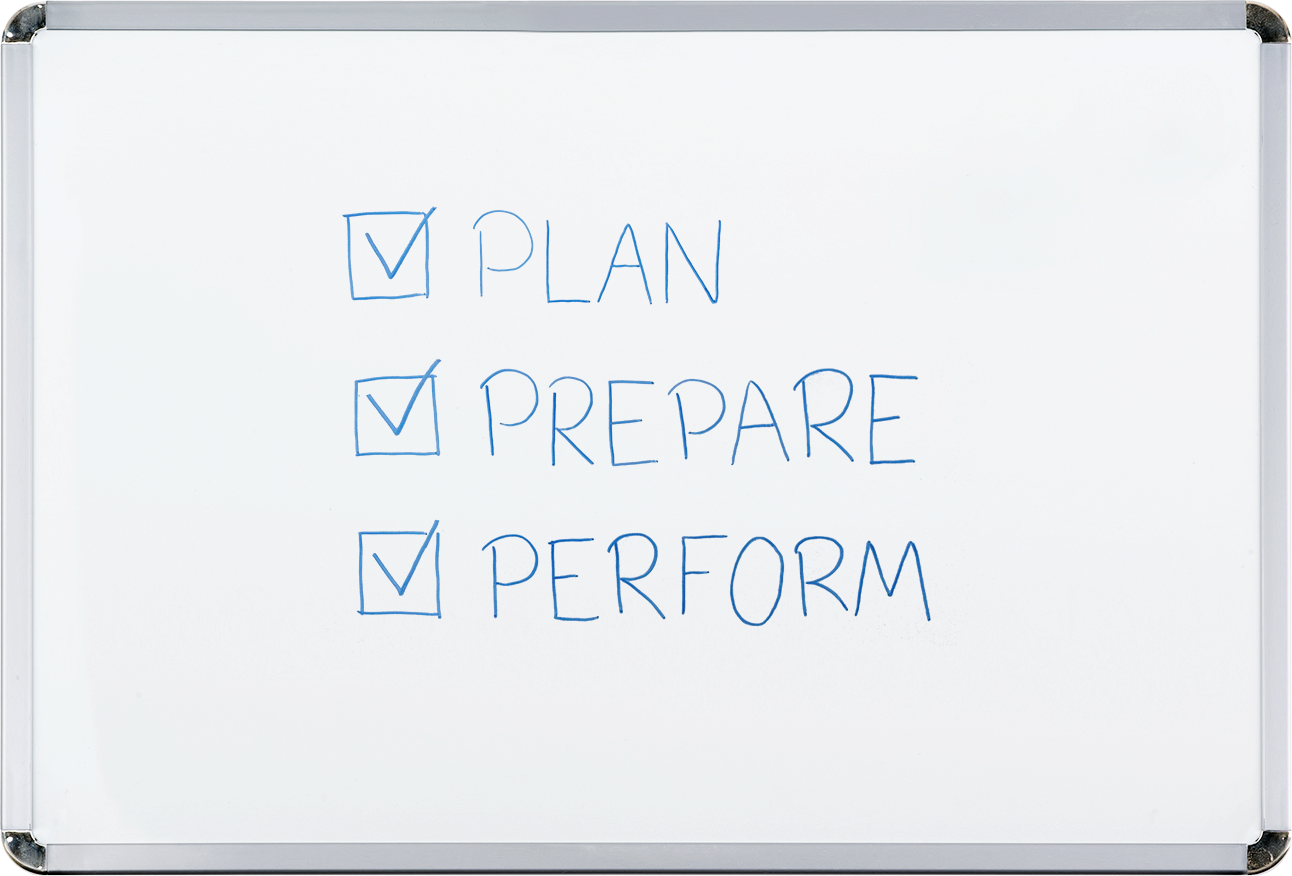 A whiteboard with the words, plan, prepare, and perform beside check boxes.