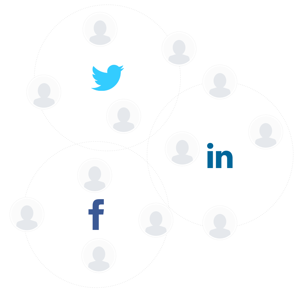 People icons in circles around, Twitter, Facebook and LinkedIn logos to promote social recruiting.